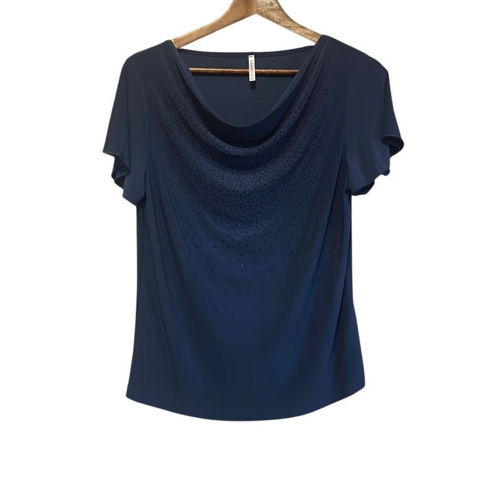 Navy Blue Cowl Neck Top with Eyelet Detail Short Sleeve Blouse‎